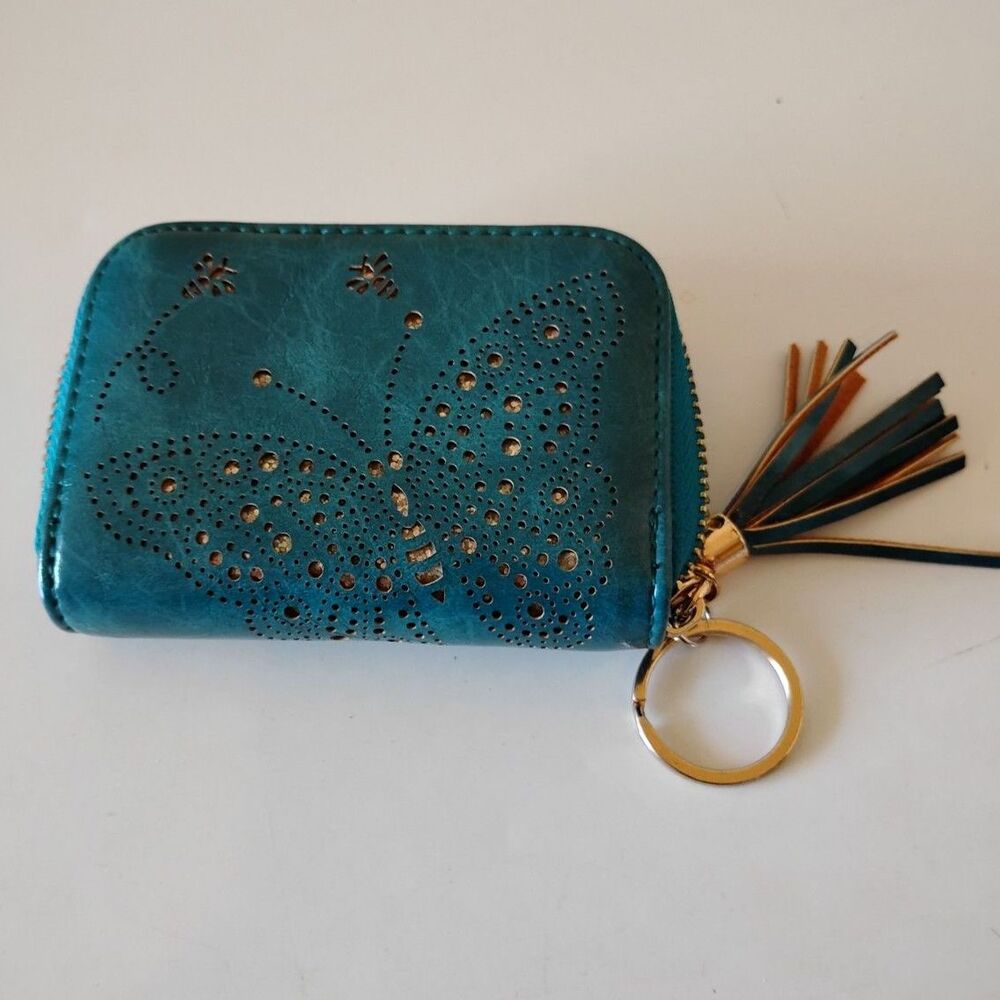 Aphison Card Holder Butterfly Teal Wallet with Keychain zip around